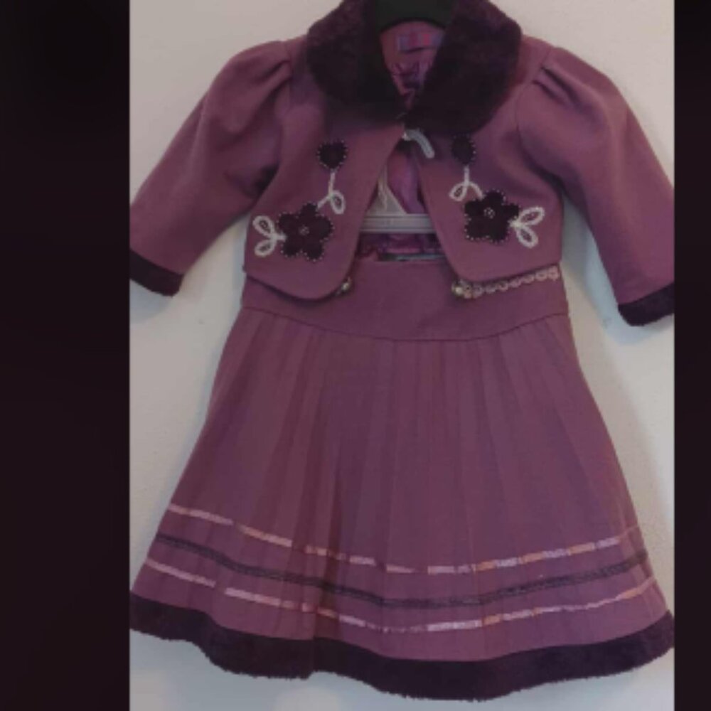 Purple Girl's 2 Piece wool blend embroidered Jacket/Skirt Set holiday Party Suit